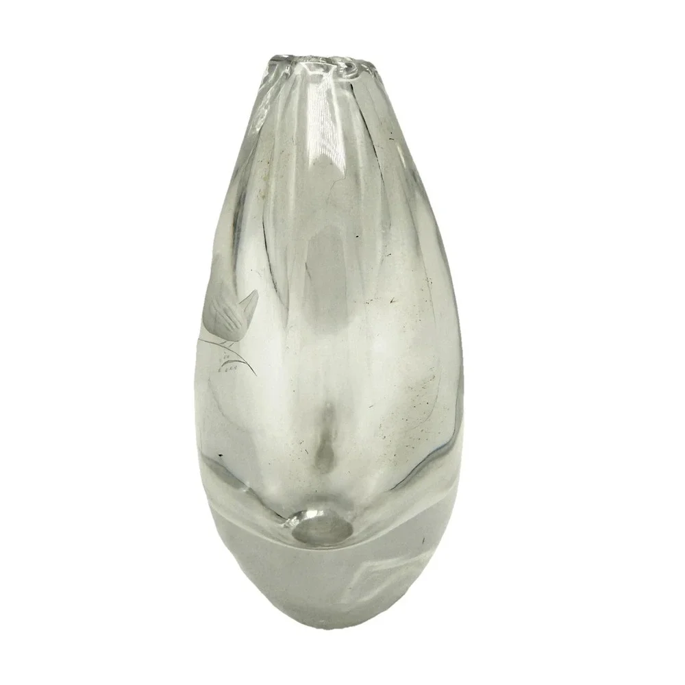 Vintage Orrefors Crystal Bud Vase Signed Scandinavian Art Glass Etched Bird